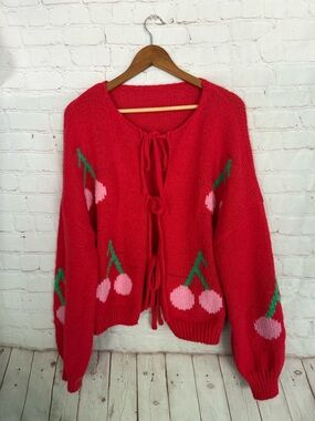 Red Cherry Tie-Front Women’s Oversized Open Knit Sweater Cardigan Size Small